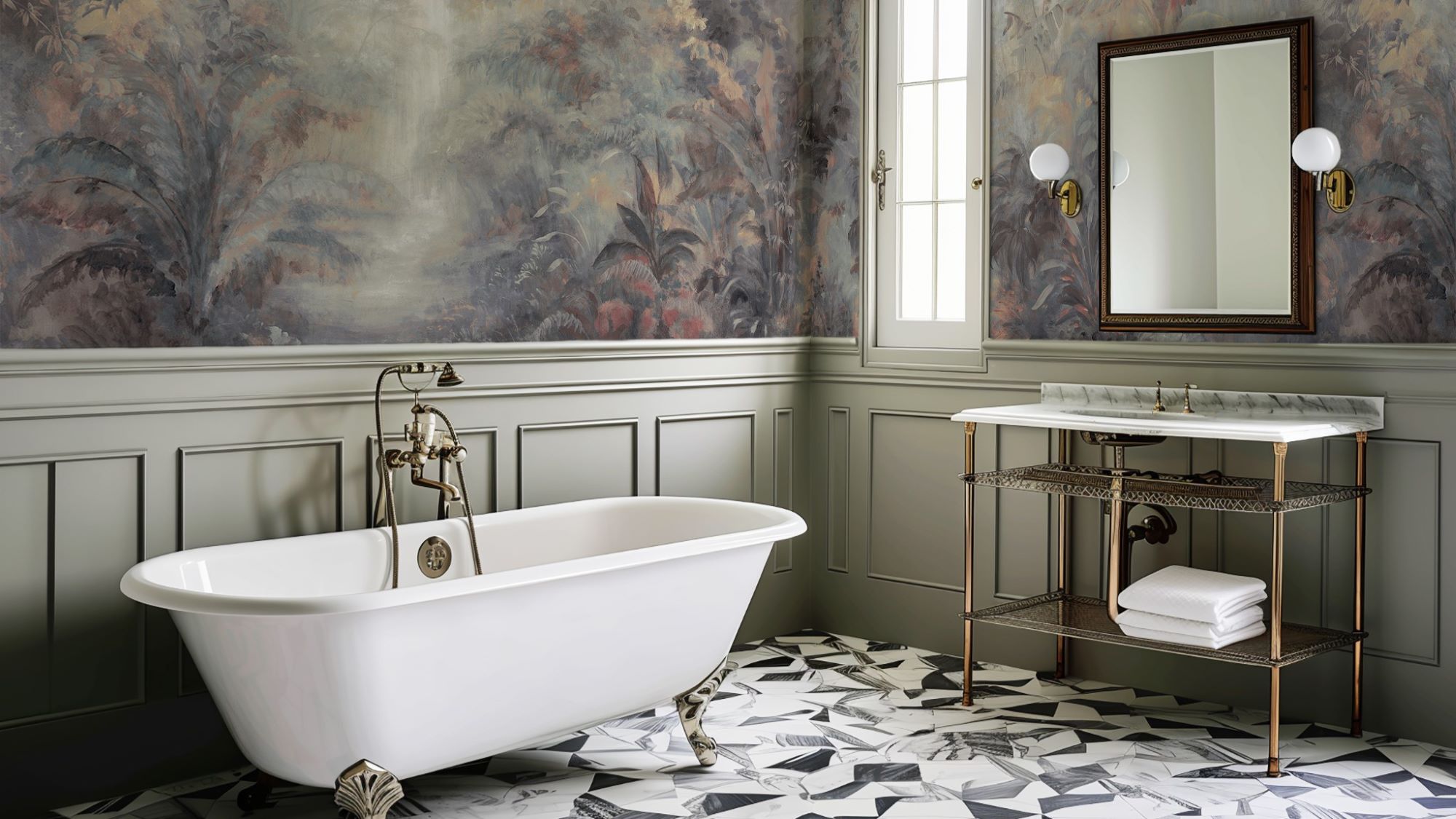 A spacious bathroom with a freestanding white clawfoot bathtub, a patterned geometric tile floor, and a wallpapered wall featuring a lush landscape scene. A vanity with a marble sink and a mirror complete the room.