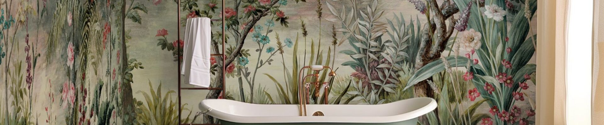 The wallpaper is a vibrant mural featuring a lush forest scene with various flowers, trees, and foliage. It creates a sense of being immersed in nature.