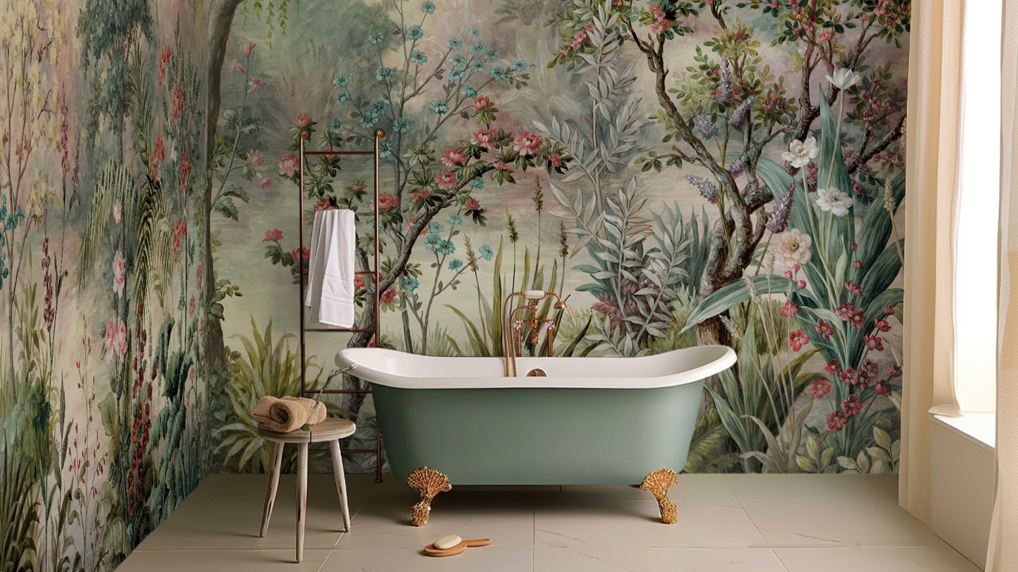 The wallpaper is a vibrant mural featuring a lush forest scene with various flowers, trees, and foliage. It creates a sense of being immersed in nature.