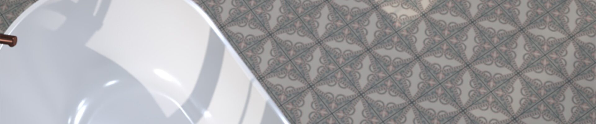 Detailed view of grey and white patterned floor tiles in a bathroom, with a portion of a white bathtub visible.