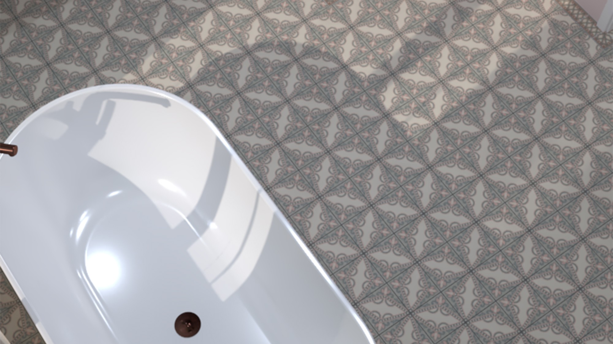 Detailed view of grey and white patterned floor tiles in a bathroom, with a portion of a white bathtub visible.