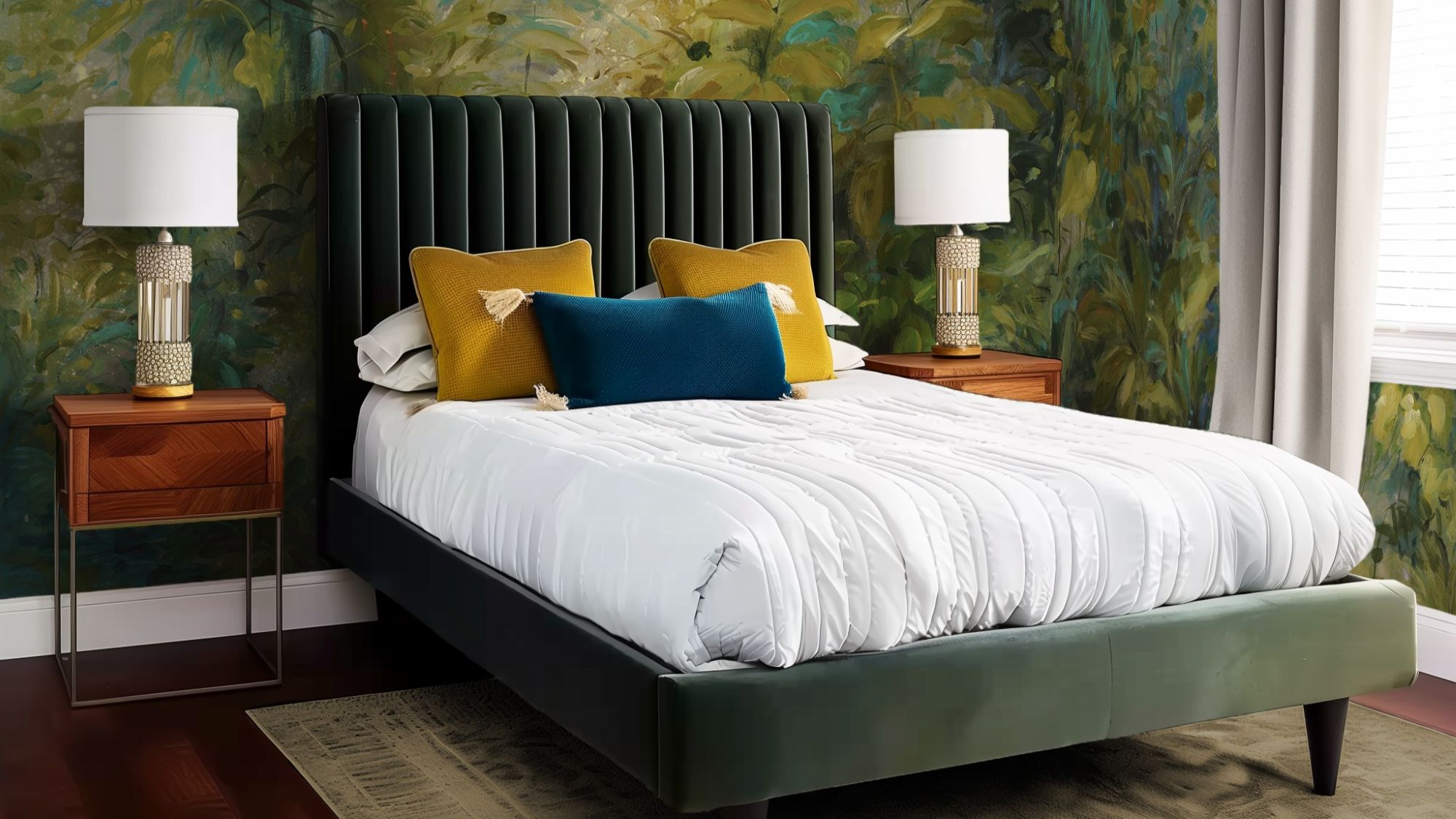 A beautifully styled bedroom features a bed with a dark green upholstered headboard and a matching green bed frame. The wall behind the bed is adorned with a lush, nature-inspired wallpaper mural in shades of green and yellow, giving the room a vibrant, organic feel.