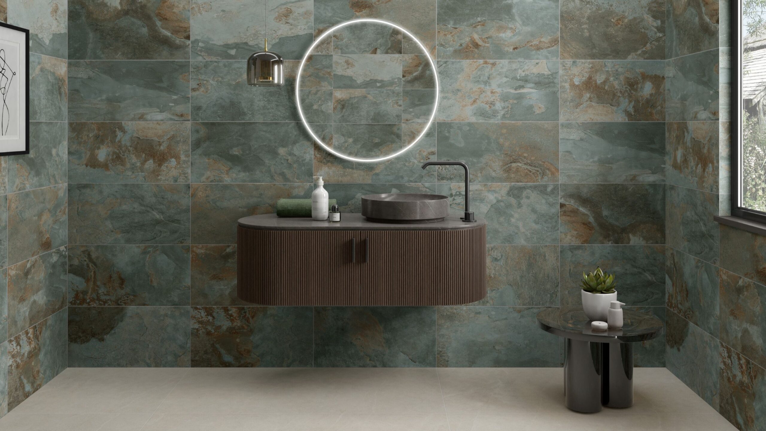 A modern bathroom featuring walls tiled with Strata Green tiles. The tiles have a distressed, multi-tonal appearance with shades of green, brown, and grey.