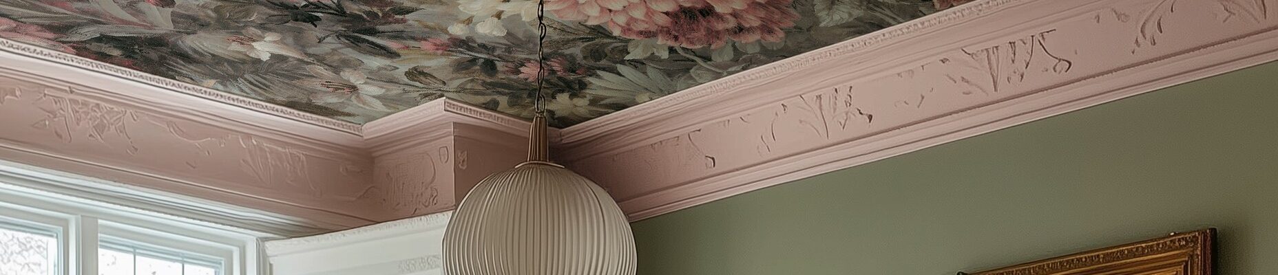 A high-end room with a floral wallpaper ceiling. The wallpaper has a dark background and large flowers in shades of pink, cream, and green. A fluted, ribbed glass pendant light hangs from a round, ornate pink ceiling medallion. The walls are a sage green and have light pink crown moulding with an embossed floral pattern. There is a large gold-framed painting on the wall.