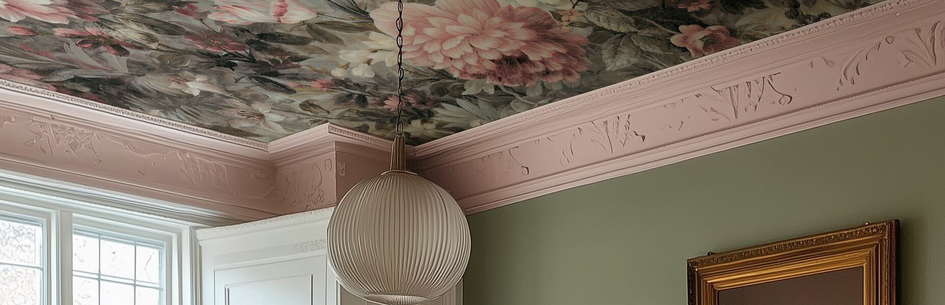 A high-end room with a floral wallpaper ceiling. The wallpaper has a dark background and large flowers in shades of pink, cream, and green. A fluted, ribbed glass pendant light hangs from a round, ornate pink ceiling medallion. The walls are a sage green and have light pink crown moulding with an embossed floral pattern. There is a large gold-framed painting on the wall.