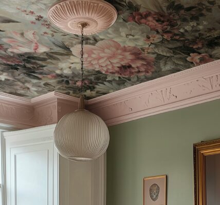 A high-end room with a floral wallpaper ceiling. The wallpaper has a dark background and large flowers in shades of pink, cream, and green. A fluted, ribbed glass pendant light hangs from a round, ornate pink ceiling medallion. The walls are a sage green and have light pink crown moulding with an embossed floral pattern. There is a large gold-framed painting on the wall.