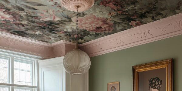 A high-end room with a floral wallpaper ceiling. The wallpaper has a dark background and large flowers in shades of pink, cream, and green. A fluted, ribbed glass pendant light hangs from a round, ornate pink ceiling medallion. The walls are a sage green and have light pink crown moulding with an embossed floral pattern. There is a large gold-framed painting on the wall.