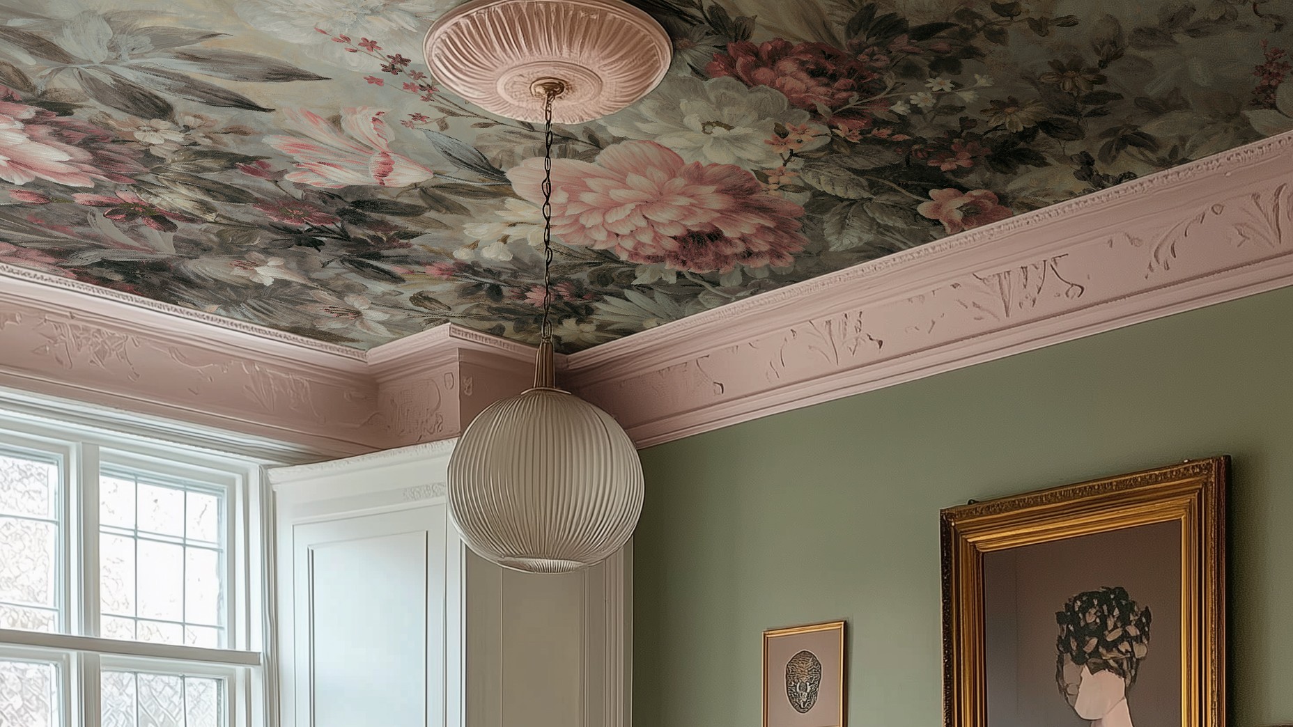 A high-end room with a floral wallpaper ceiling. The wallpaper has a dark background and large flowers in shades of pink, cream, and green. A fluted, ribbed glass pendant light hangs from a round, ornate pink ceiling medallion. The walls are a sage green and have light pink crown moulding with an embossed floral pattern. There is a large gold-framed painting on the wall.