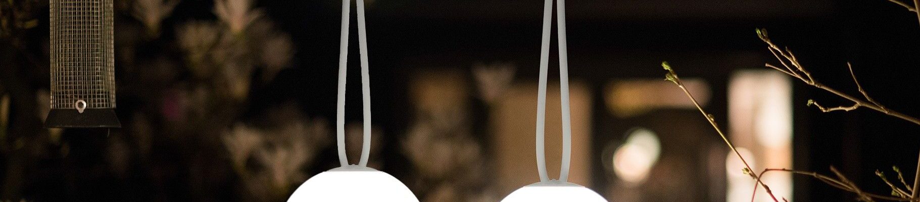 An illuminated spherical outdoor light hung from a tree branch