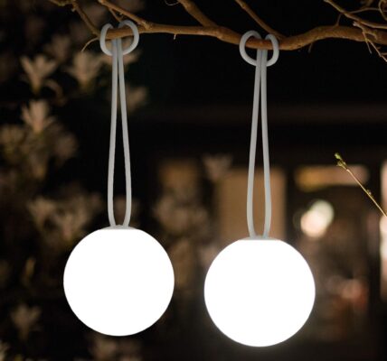 An illuminated spherical outdoor light hung from a tree branch