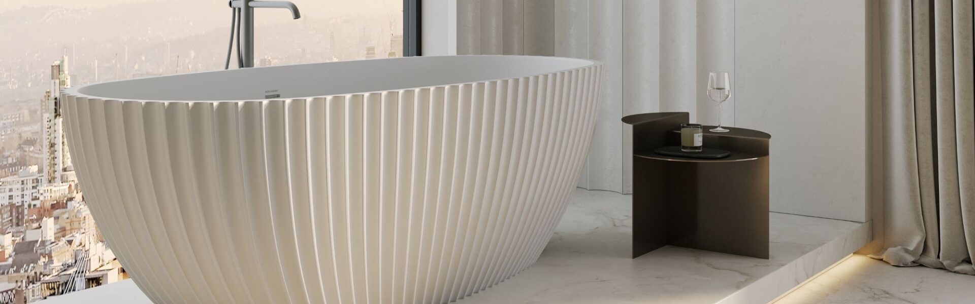 A luxurious and modern bathroom setting, dominated by a large, freestanding bathtub.