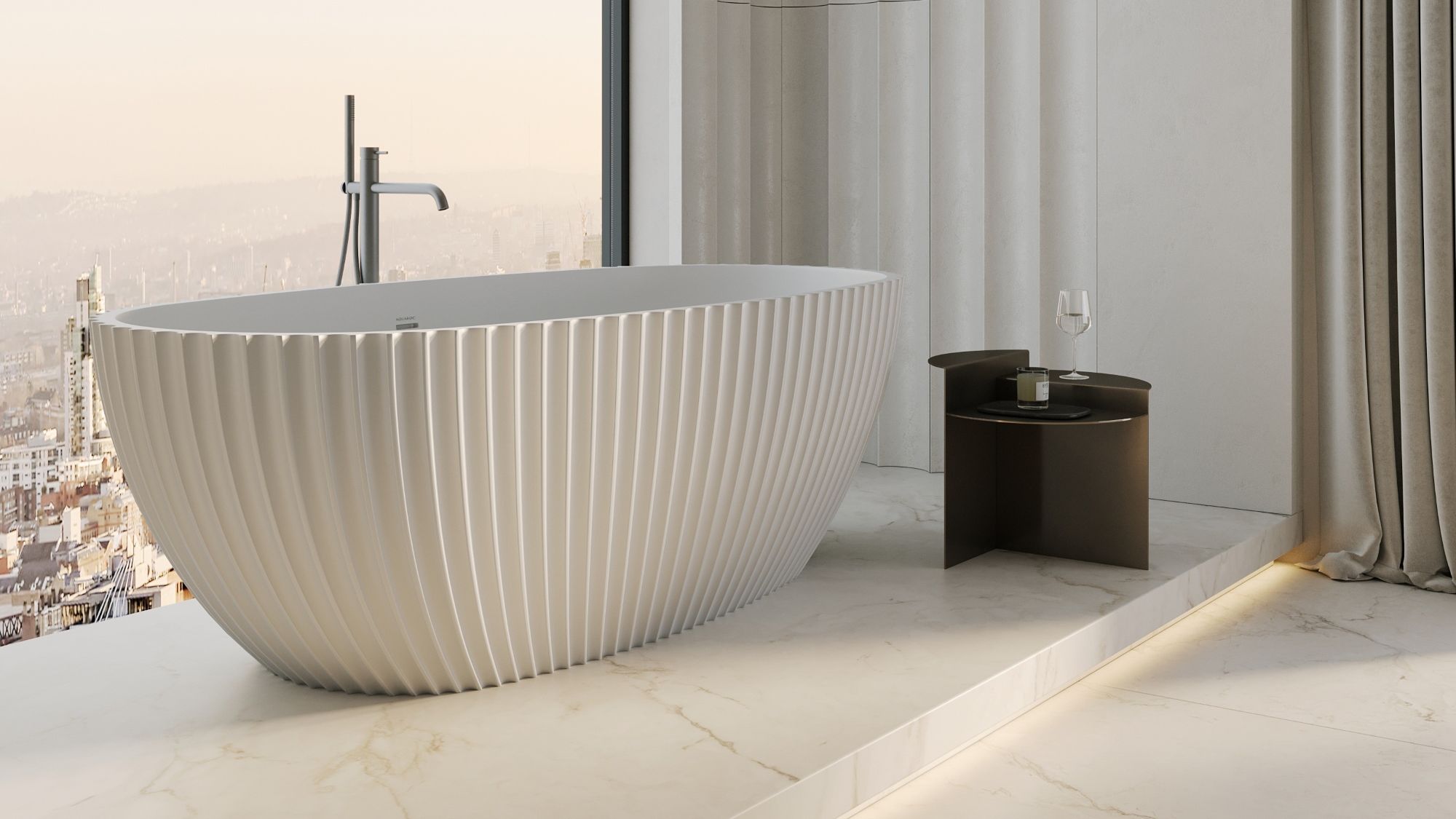A luxurious and modern bathroom setting, dominated by a large, freestanding bathtub.