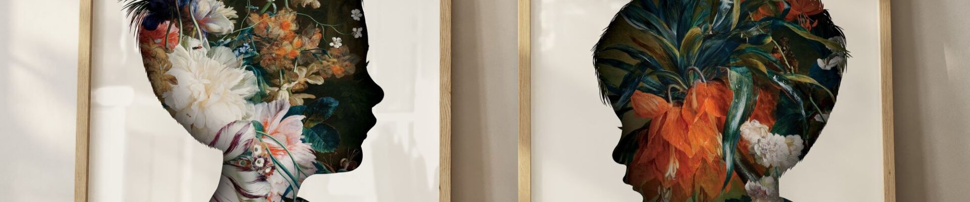 The artwork consists of silhouettes of two young children's heads and shoulders, viewed in profile, with the interior of the silhouettes filled with a dense, rich floral pattern against a dark background.