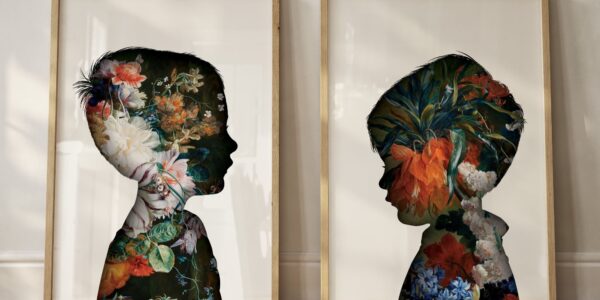 The artwork consists of silhouettes of two young children's heads and shoulders, viewed in profile, with the interior of the silhouettes filled with a dense, rich floral pattern against a dark background.