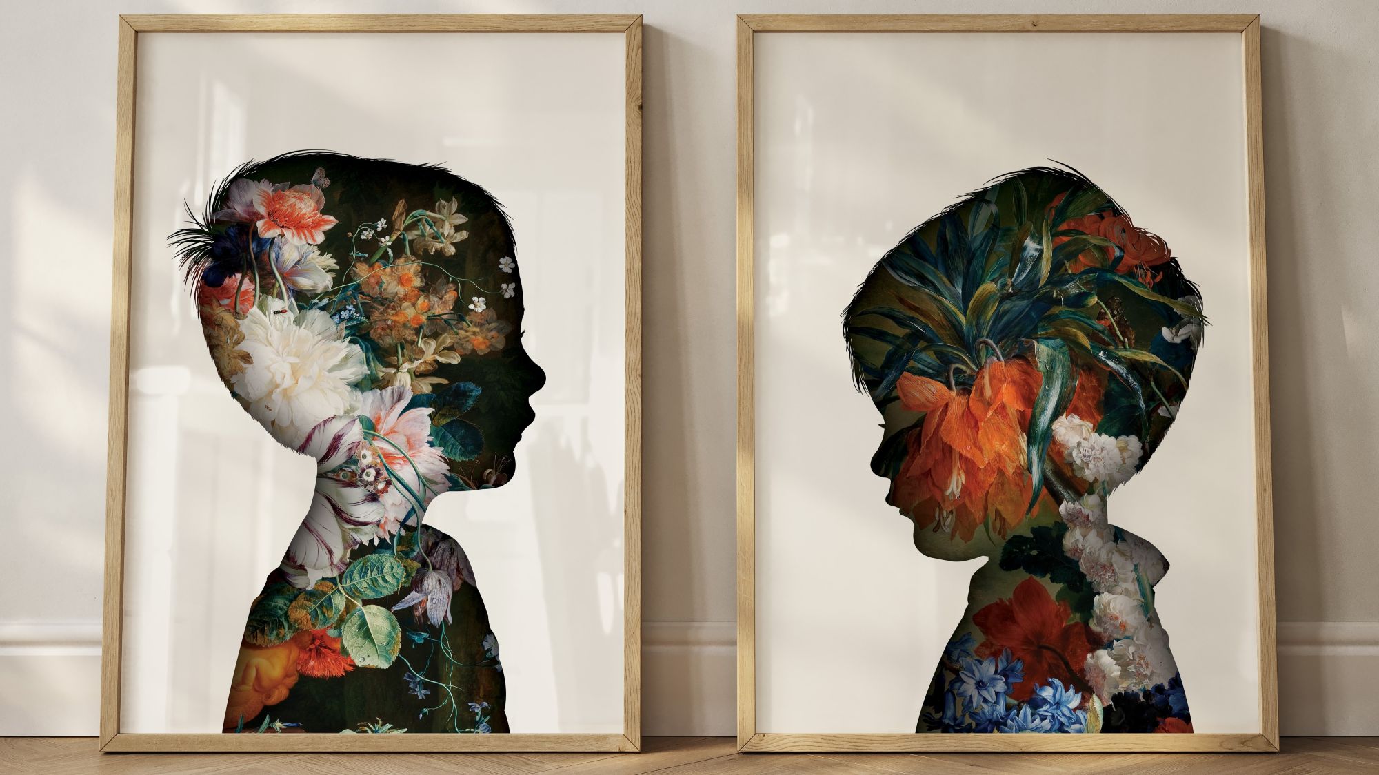 The artwork consists of silhouettes of two young children's heads and shoulders, viewed in profile, with the interior of the silhouettes filled with a dense, rich floral pattern against a dark background.
