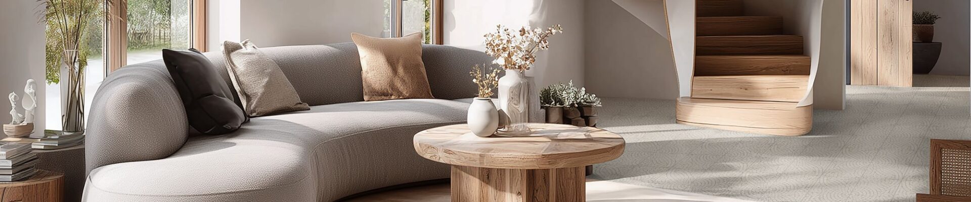 A contemporary living room in different neutral tones. A spiral staircase takes centre stage and the flooring is made of mosaic tiles
