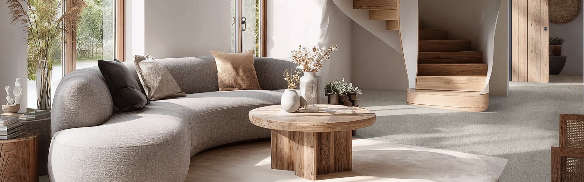 A contemporary living room in different neutral tones. A spiral staircase takes centre stage and the flooring is made of mosaic tiles