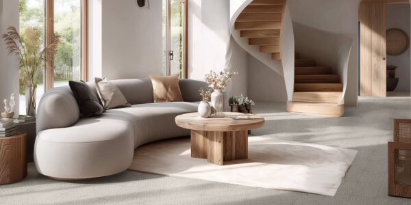A contemporary living room in different neutral tones. A spiral staircase takes centre stage and the flooring is made of mosaic tiles