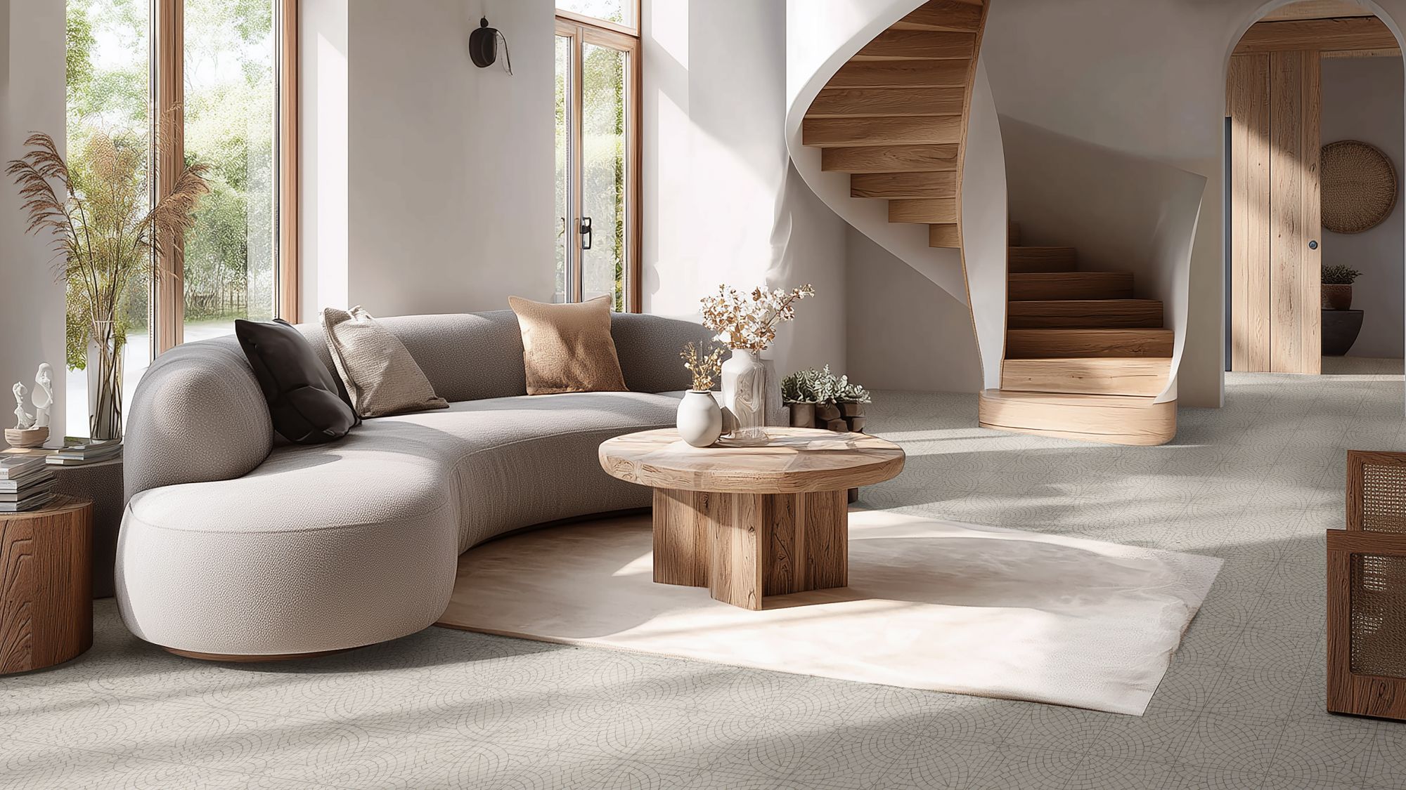 A contemporary living room in different neutral tones. A spiral staircase takes centre stage and the flooring is made of mosaic tiles