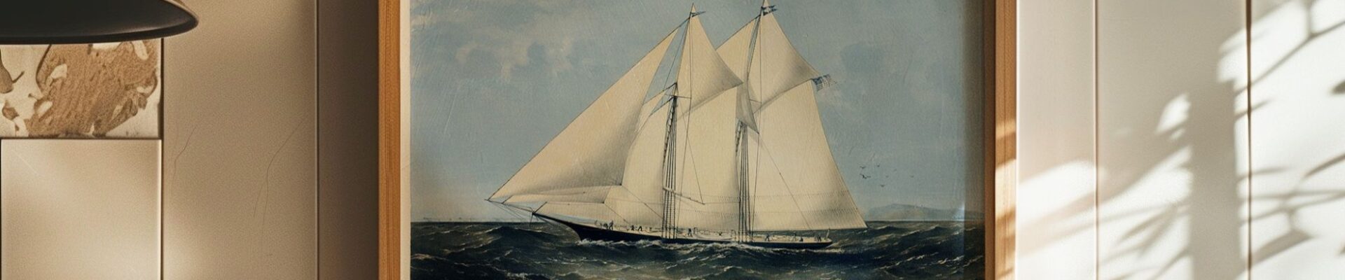 Vintage lithograph of the famous racing schooner The Yacht 'Sappho' of New York, framed and hanging on a white tiled wall