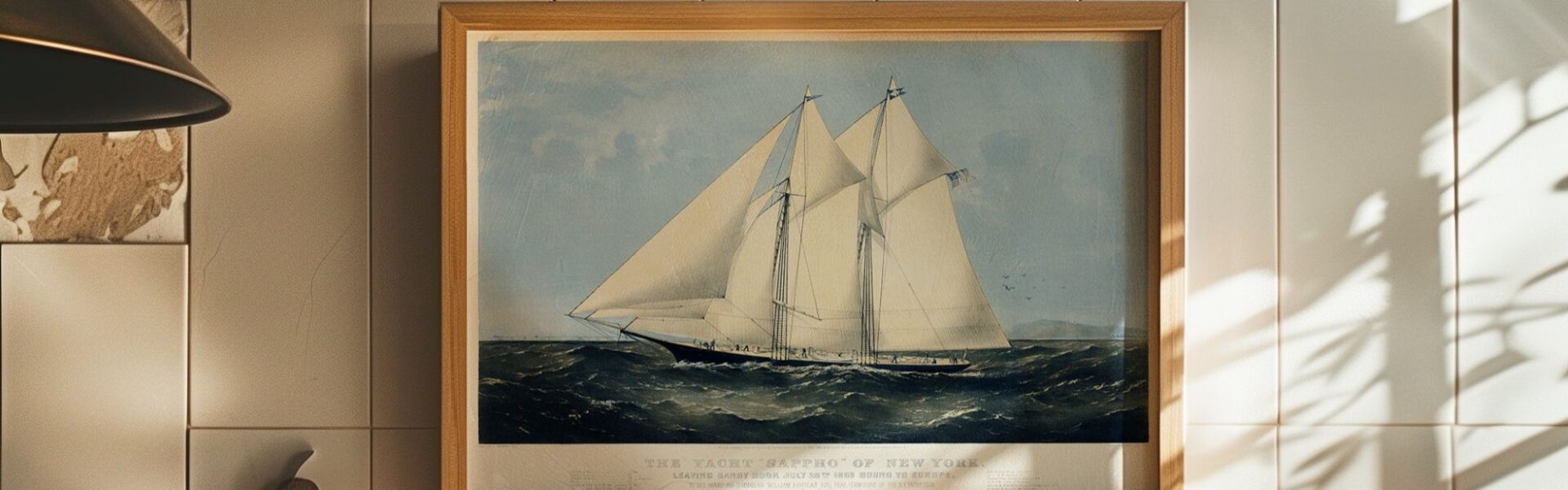 Vintage lithograph of the famous racing schooner The Yacht 'Sappho' of New York, framed and hanging on a white tiled wall