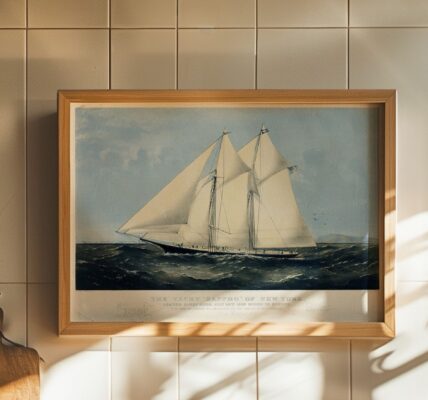 Vintage lithograph of the famous racing schooner The Yacht 'Sappho' of New York, framed and hanging on a white tiled wall