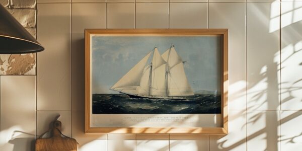 Vintage lithograph of the famous racing schooner The Yacht 'Sappho' of New York, framed and hanging on a white tiled wall