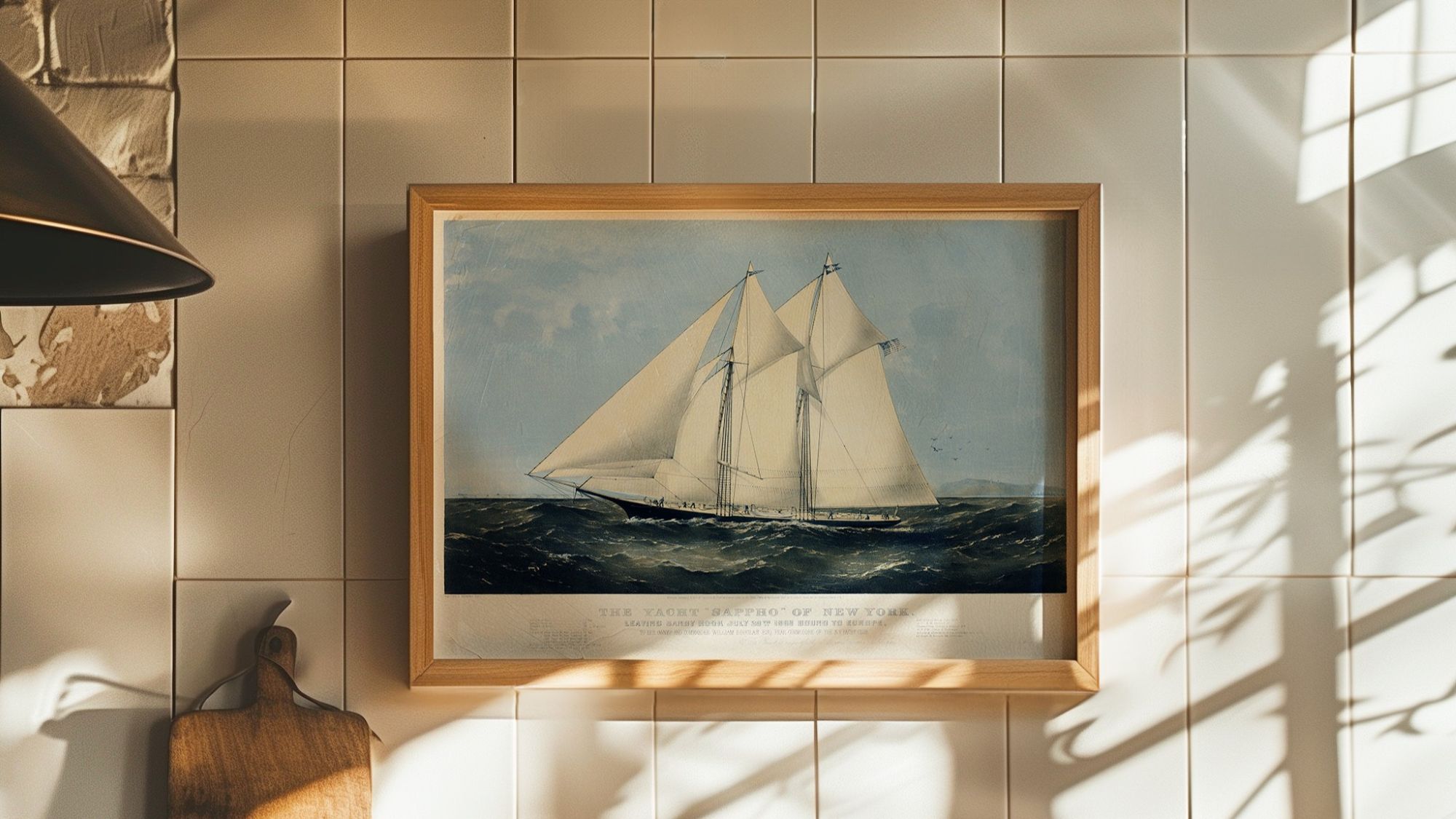 Vintage lithograph of the famous racing schooner The Yacht 'Sappho' of New York, framed and hanging on a white tiled wall