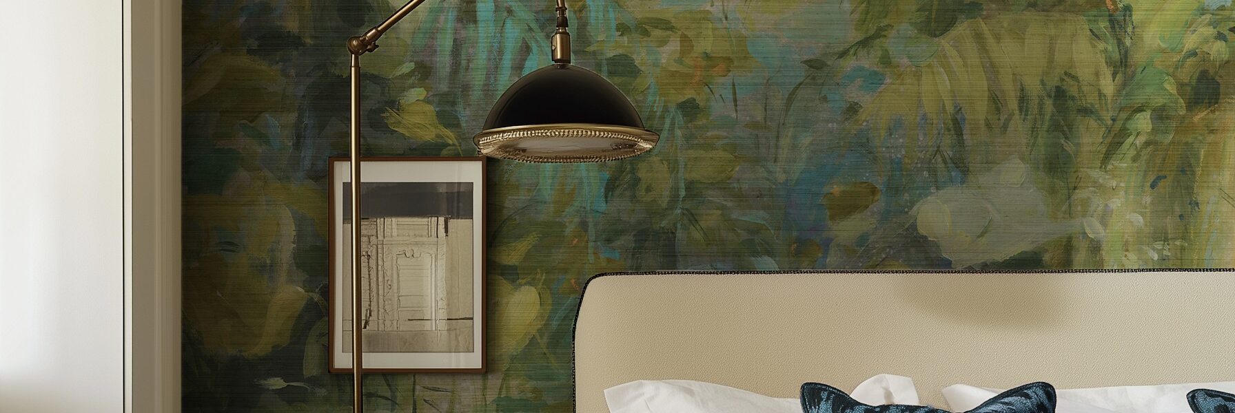A bedroom with a textured green and gold abstract botanical wallpaper mural, featuring a bed with a beige headboard and a black-and-brass floor lamp.