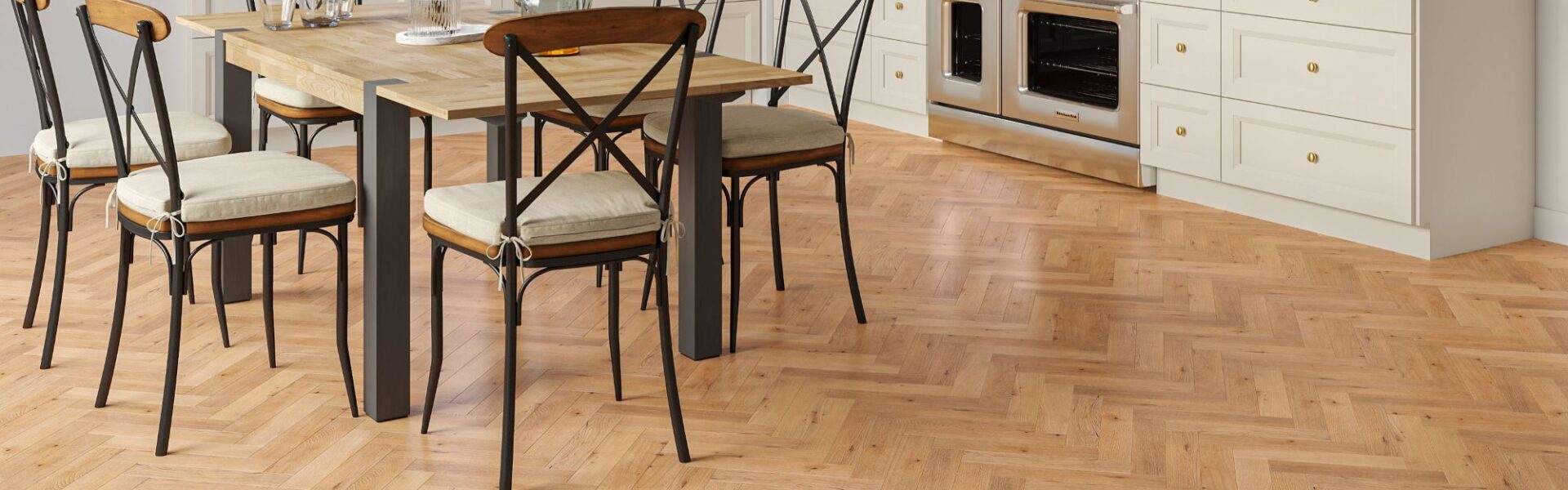 A beautiful, timeless wood floor that works well with the neutral shaker-style cabinets and wood countertops in the photo!
