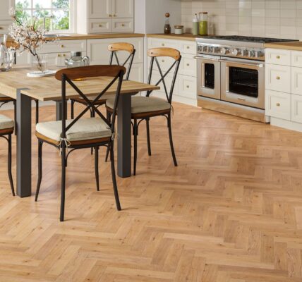 A beautiful, timeless wood floor that works well with the neutral shaker-style cabinets and wood countertops in the photo!