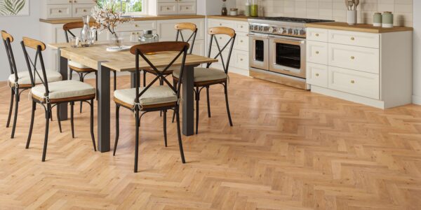A beautiful, timeless wood floor that works well with the neutral shaker-style cabinets and wood countertops in the photo!