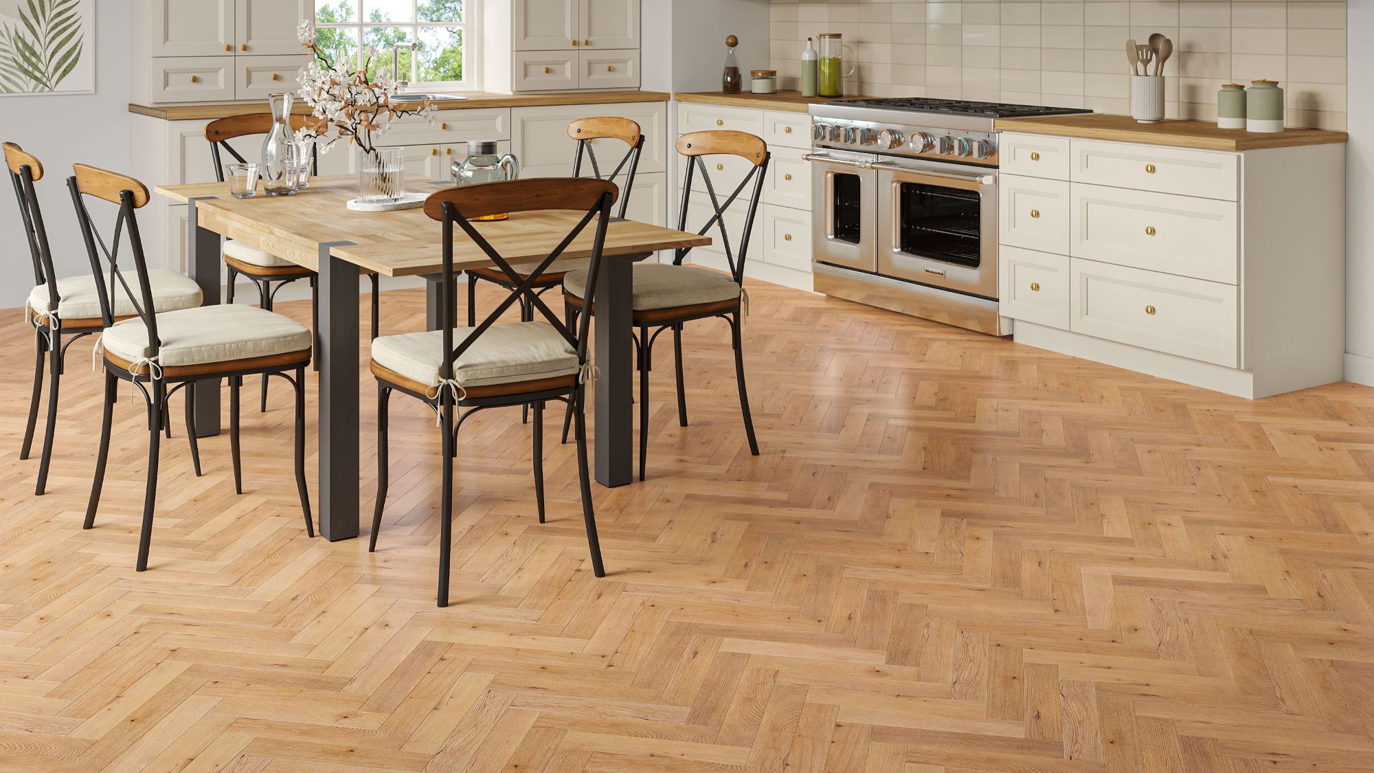 A beautiful, timeless wood floor that works well with the neutral shaker-style cabinets and wood countertops in the photo!