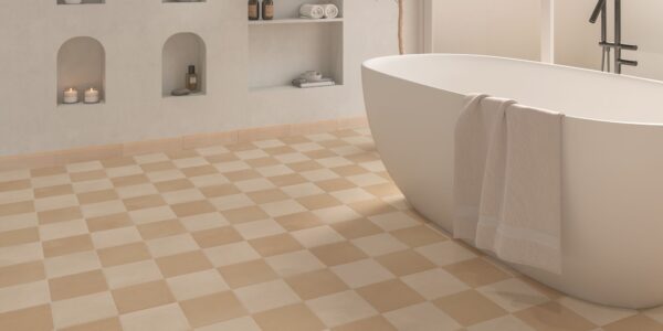 A checkerboard tile floor in shades of light tan and beige/cream. This pattern adds a classic, somewhat retro, but very warm and inviting feel to the room.