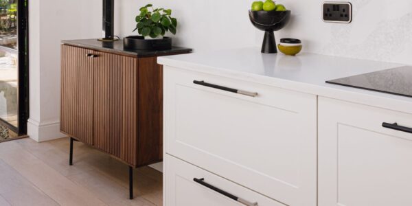 This image shows white kitchen cabinets with recessed panels. The cabinets are fitted with long, linear cabinet handles that have a two-tone finish - black with a silver tip. A white countertop sits above the cabinets.