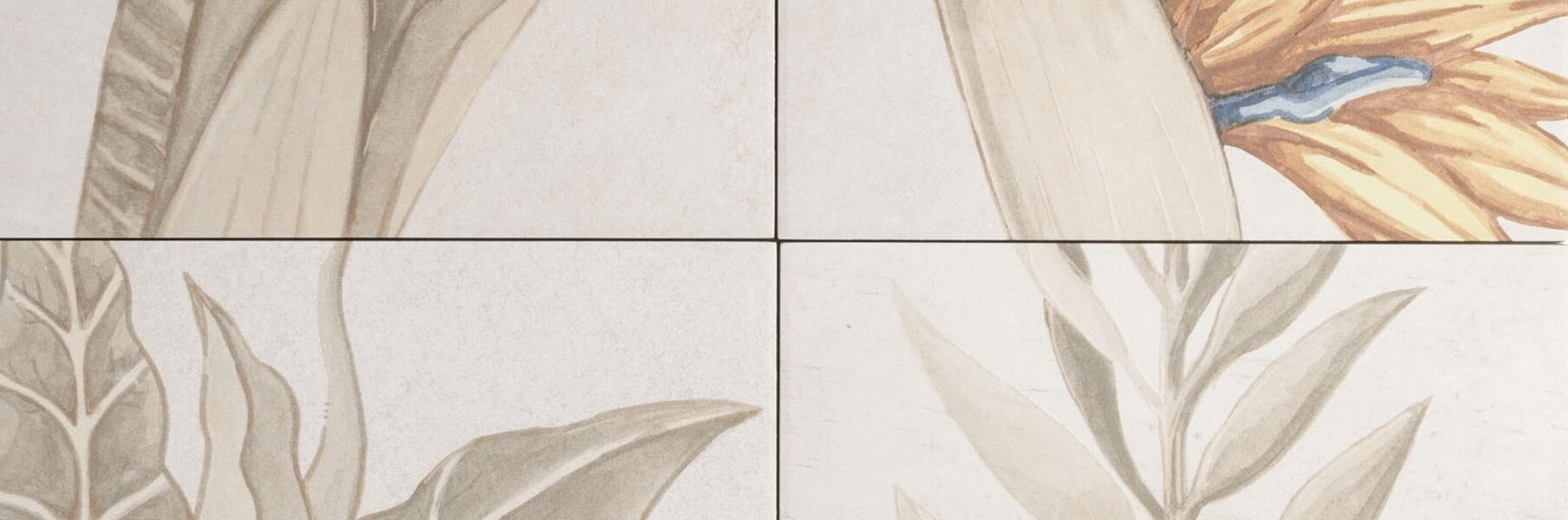 A tile with a botanical/tropical pattern in muted, neutral, and earthy tones. It appears to be a close-up, possibly showing four separate panels that make up a larger design. The colours are predominantly ivory, beige, and soft brown/taupe, with a small detail of a Bird of Paradise flower featuring muted yellow-orange and hints of dusty blue.