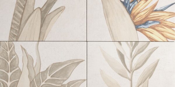 A tile with a botanical/tropical pattern in muted, neutral, and earthy tones. It appears to be a close-up, possibly showing four separate panels that make up a larger design. The colours are predominantly ivory, beige, and soft brown/taupe, with a small detail of a Bird of Paradise flower featuring muted yellow-orange and hints of dusty blue.