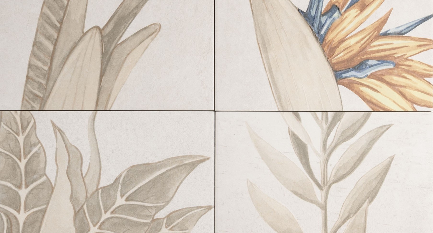 A tile with a botanical/tropical pattern in muted, neutral, and earthy tones. It appears to be a close-up, possibly showing four separate panels that make up a larger design. The colours are predominantly ivory, beige, and soft brown/taupe, with a small detail of a Bird of Paradise flower featuring muted yellow-orange and hints of dusty blue.