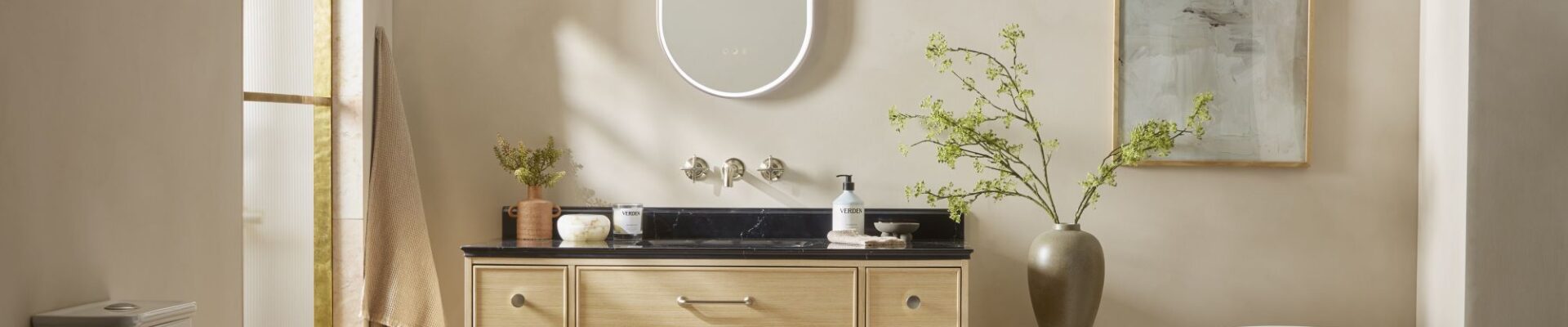 A freestanding double vanity unit with a contemporary, elegant design.
