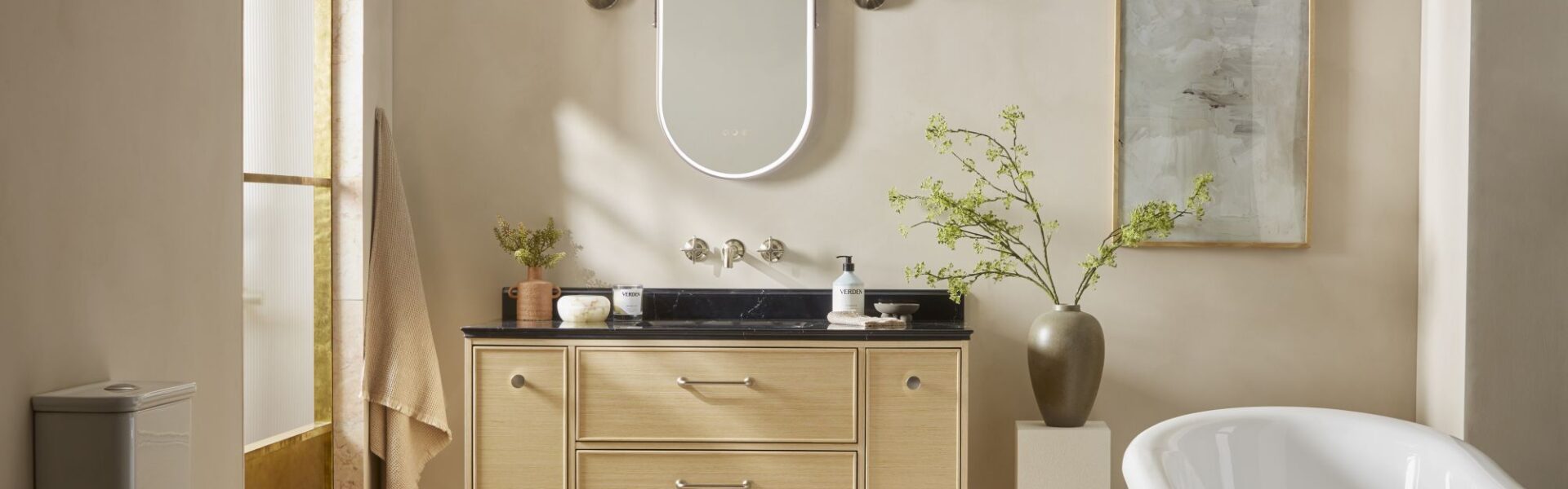 A freestanding double vanity unit with a contemporary, elegant design.