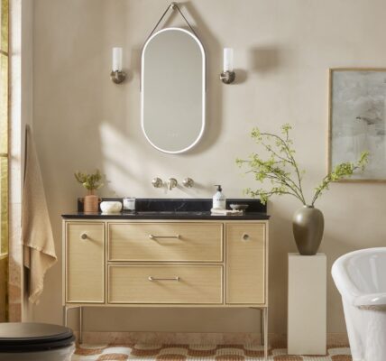 A freestanding double vanity unit with a contemporary, elegant design.