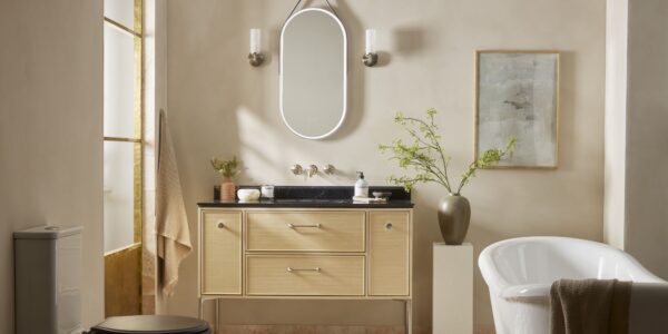 A freestanding double vanity unit with a contemporary, elegant design.