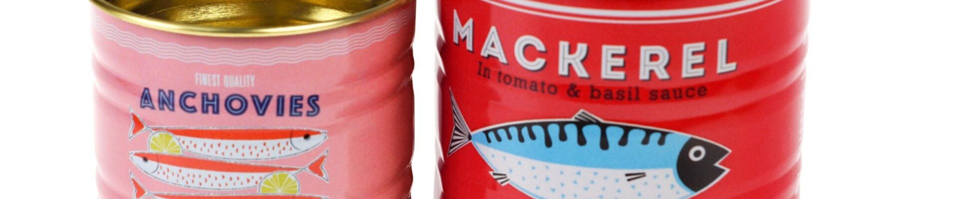 A set of two cylindrical, vintage-style mini storage tins designed to look like retro fish cans, set against a plain white background.