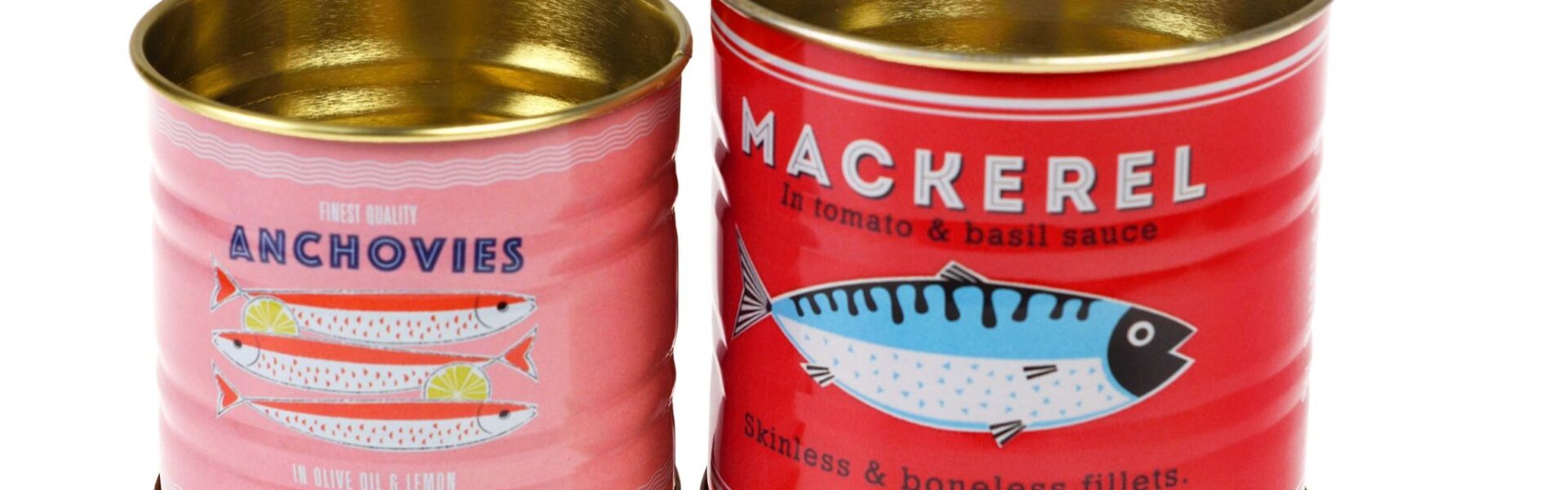 A set of two cylindrical, vintage-style mini storage tins designed to look like retro fish cans, set against a plain white background.