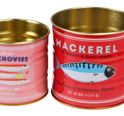 A set of two cylindrical, vintage-style mini storage tins designed to look like retro fish cans, set against a plain white background.