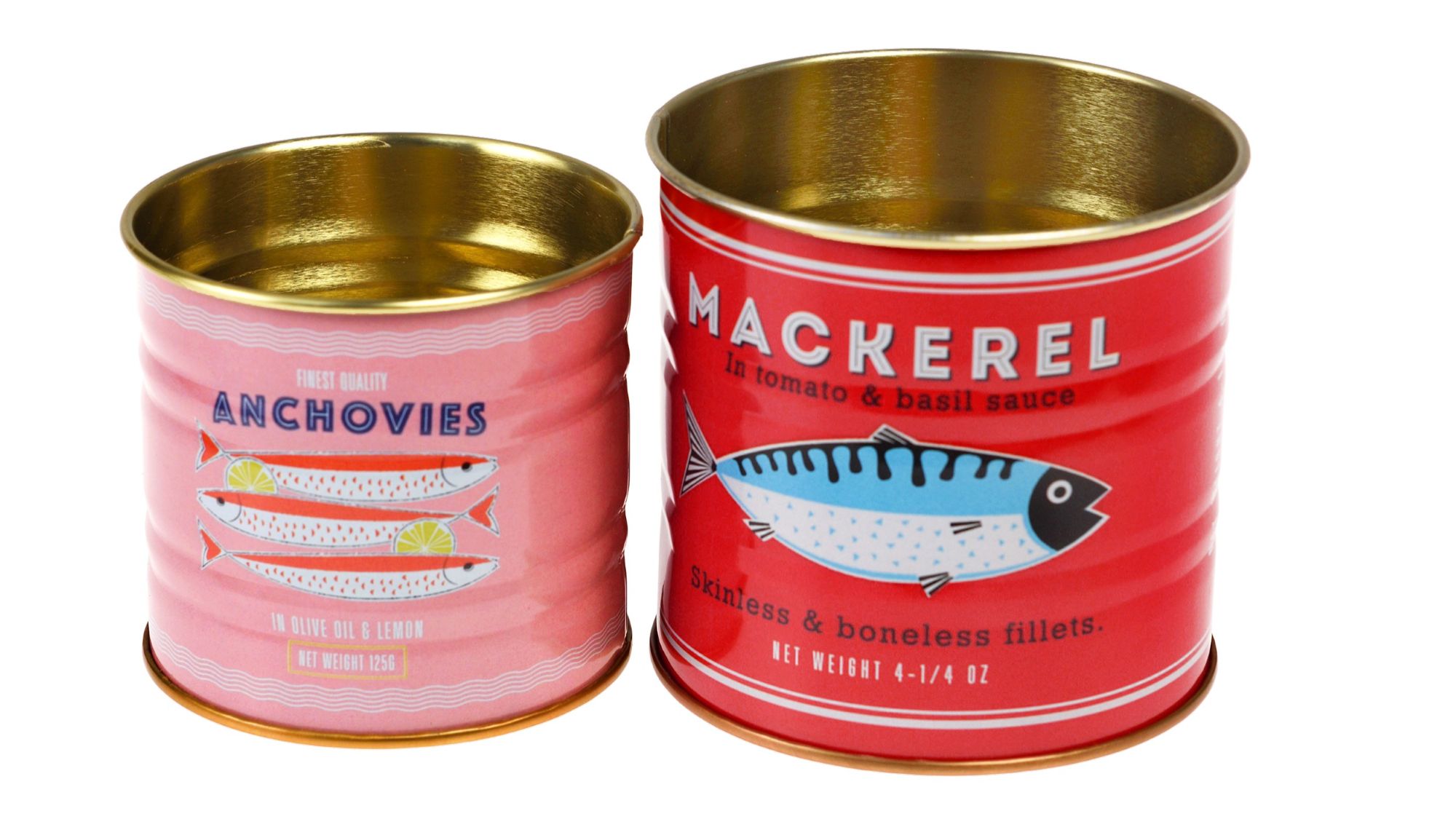 A set of two cylindrical, vintage-style mini storage tins designed to look like retro fish cans, set against a plain white background.