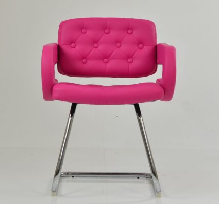 A modern Parga office chair featuring vibrant hot pink leather upholstery with button tufting and a sleek chrome sled-style base.