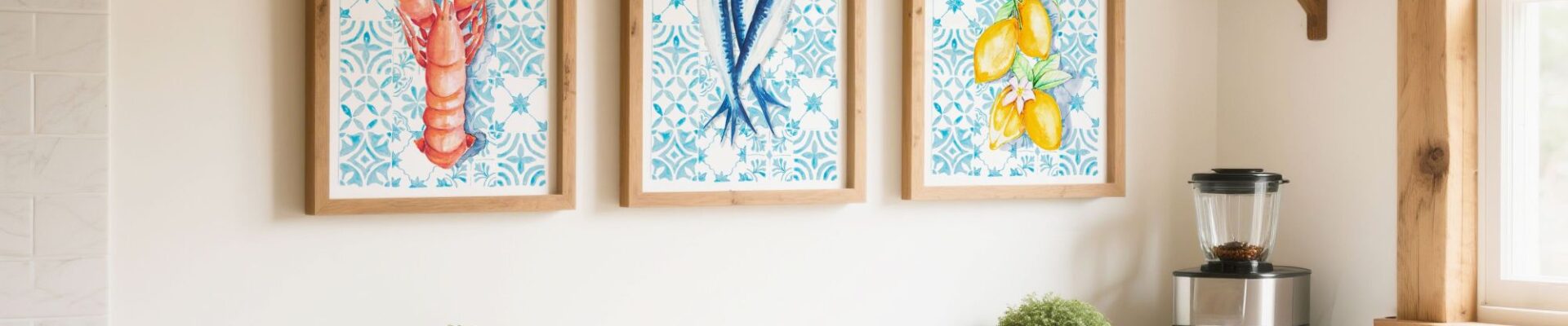 A bright, rustic kitchen featuring a set of three framed Mediterranean-style watercolour prints of a lobster, sardines, and lemons against a blue tiled background