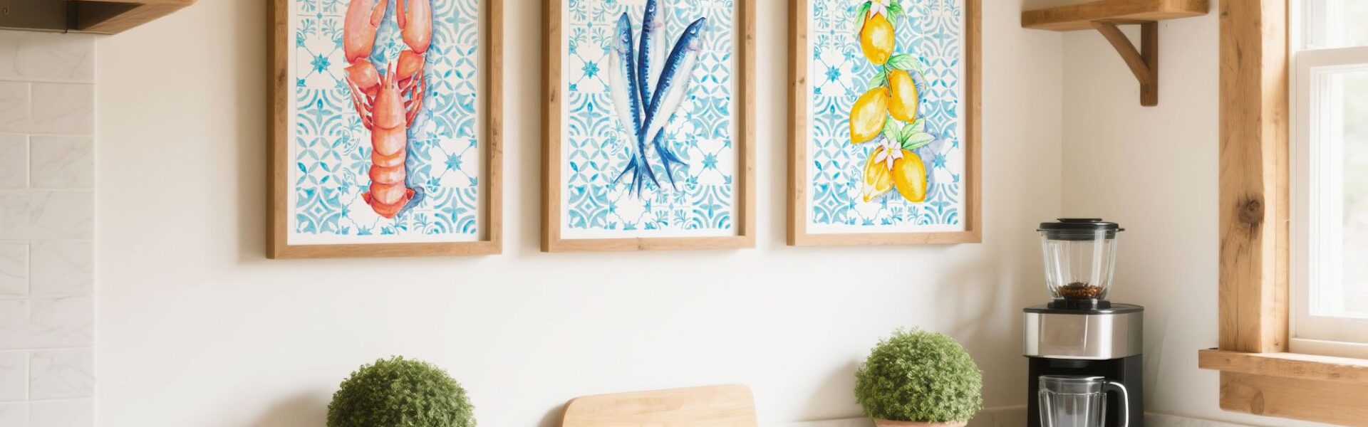 A bright, rustic kitchen featuring a set of three framed Mediterranean-style watercolour prints of a lobster, sardines, and lemons against a blue tiled background