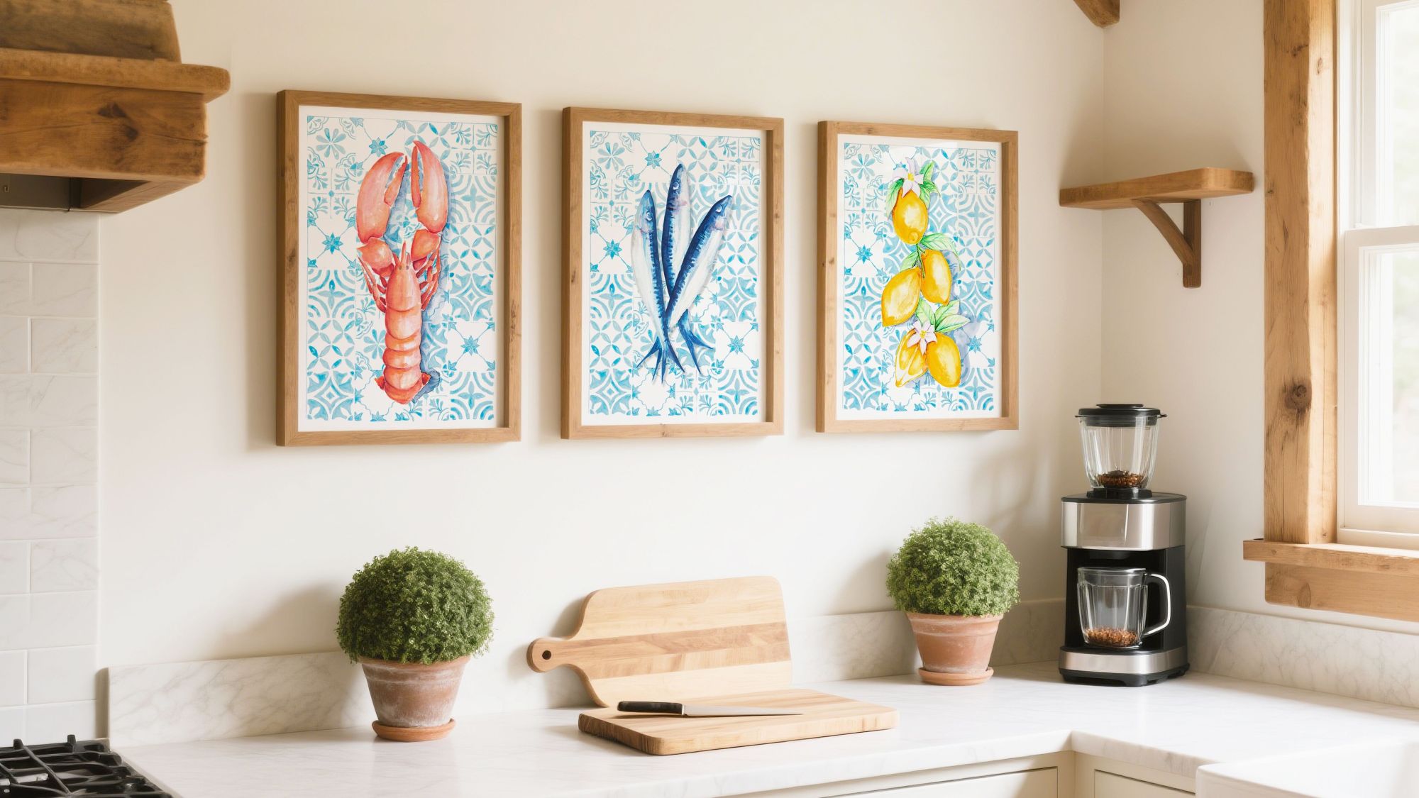 A bright, rustic kitchen featuring a set of three framed Mediterranean-style watercolour prints of a lobster, sardines, and lemons against a blue tiled background